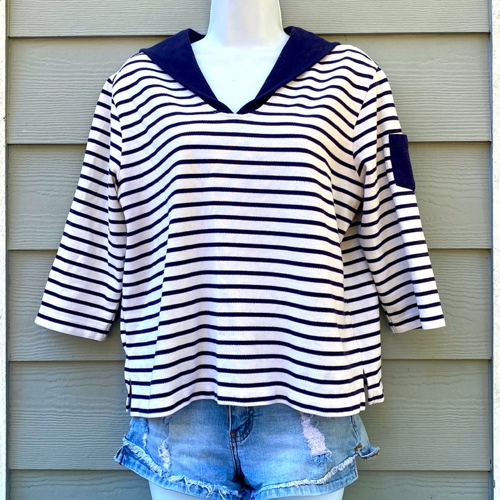 Navy Blue and White Stripe 3/4 Sleeve Sailor Tee Top Shirt